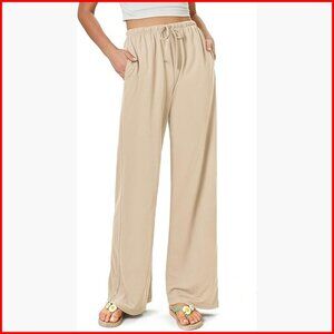 Flowy Wide Leg Pants High Waist Drawstring Palazzo Trousers with Pockets